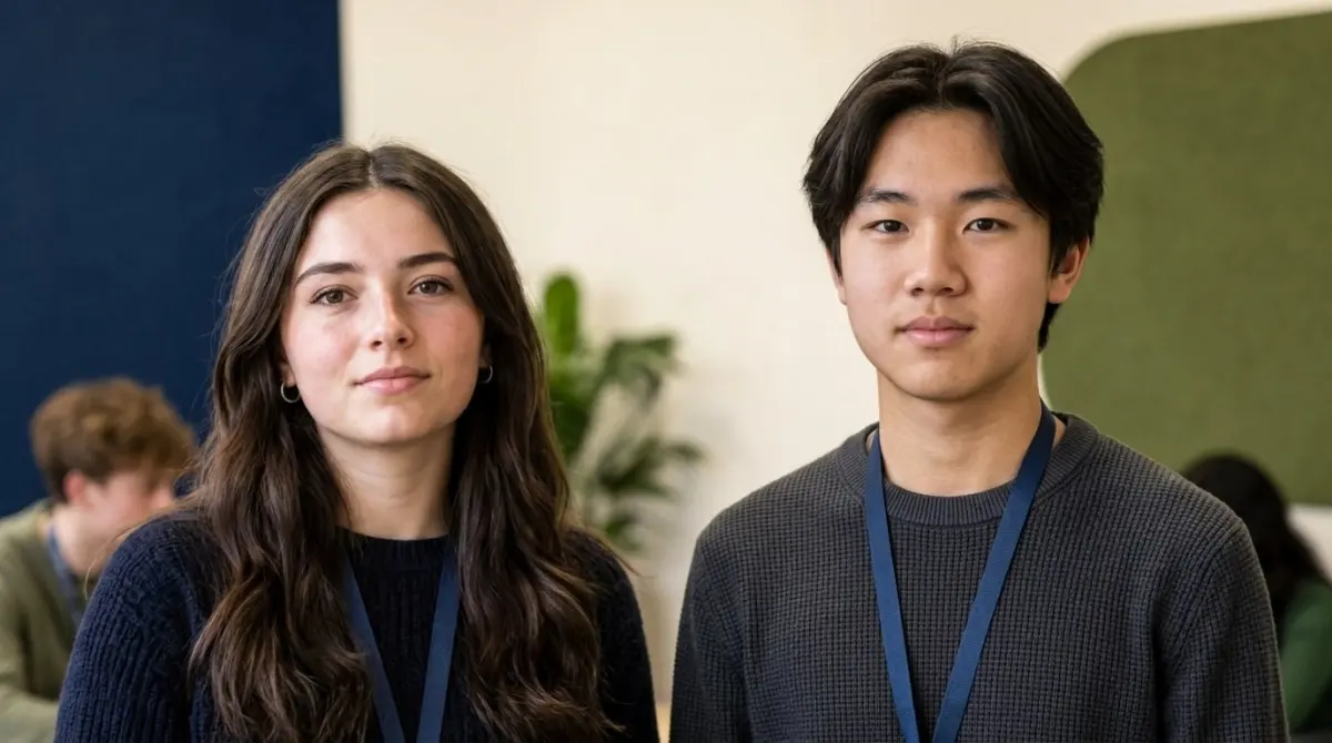 A determined young woman and young Asian man looking ahead with confidence